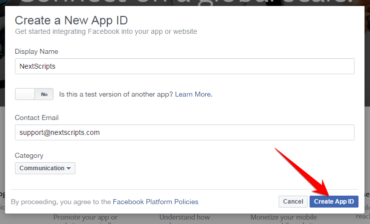 Face book Create New App