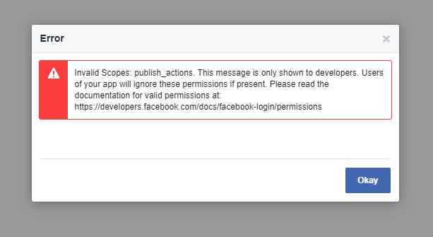 Facebook Error: Invalid Scopes: publish_actions.